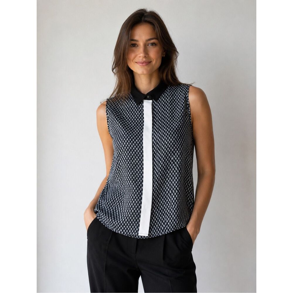 H&M Sleeveless Geometric Print Blouse Black White Sheer Collared Top Size 8